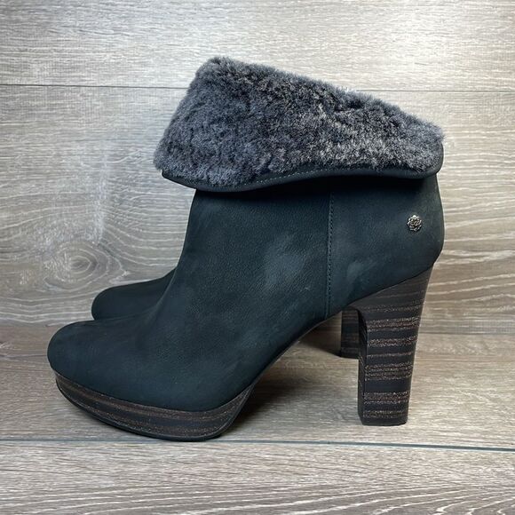 Ugg Dandylion Black Leather Women’s Sz 9.5 Gray Sheepskin Fold Over 4” Heel Boot - Picture 3 of 14